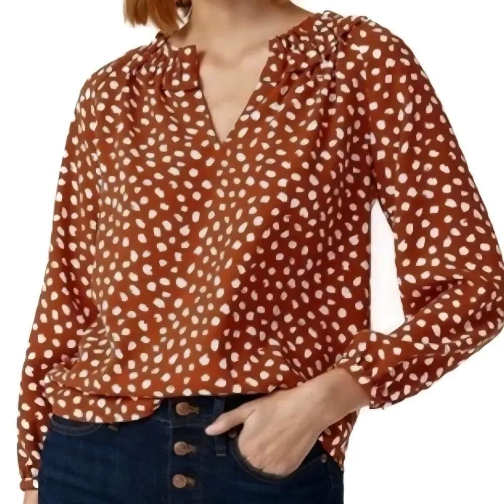 J.Crew Sephia Brushstroke Ruffleneck Long Sleeve Pullover Oversized Blouse